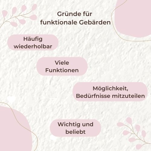 Gründe für funktionale Gebärden: 
Diese Gebärden lassen sich in ganz vielen verschiedenen Situationen wiederholt verwenden
Diese Gebärden haben viele verschiedene Funktionen
Dein Kind kann seine Grundbedürfnisse und Wünsche mitteilen
Diese Gebärden sind wichtig für dein Kind und werden oft als erstes von den Kleinen verwendet